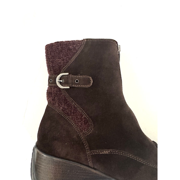 Aquatalia Mia Brown Suede Boots 9 Zip-Front Knit Cuff Low Wedge Heel Booties - Picture 6 of 16